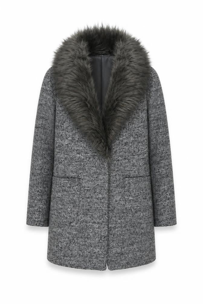 New Look Womens Grey Faux Fur Collar Wool Blend Mid-Length Overcoat Size 6