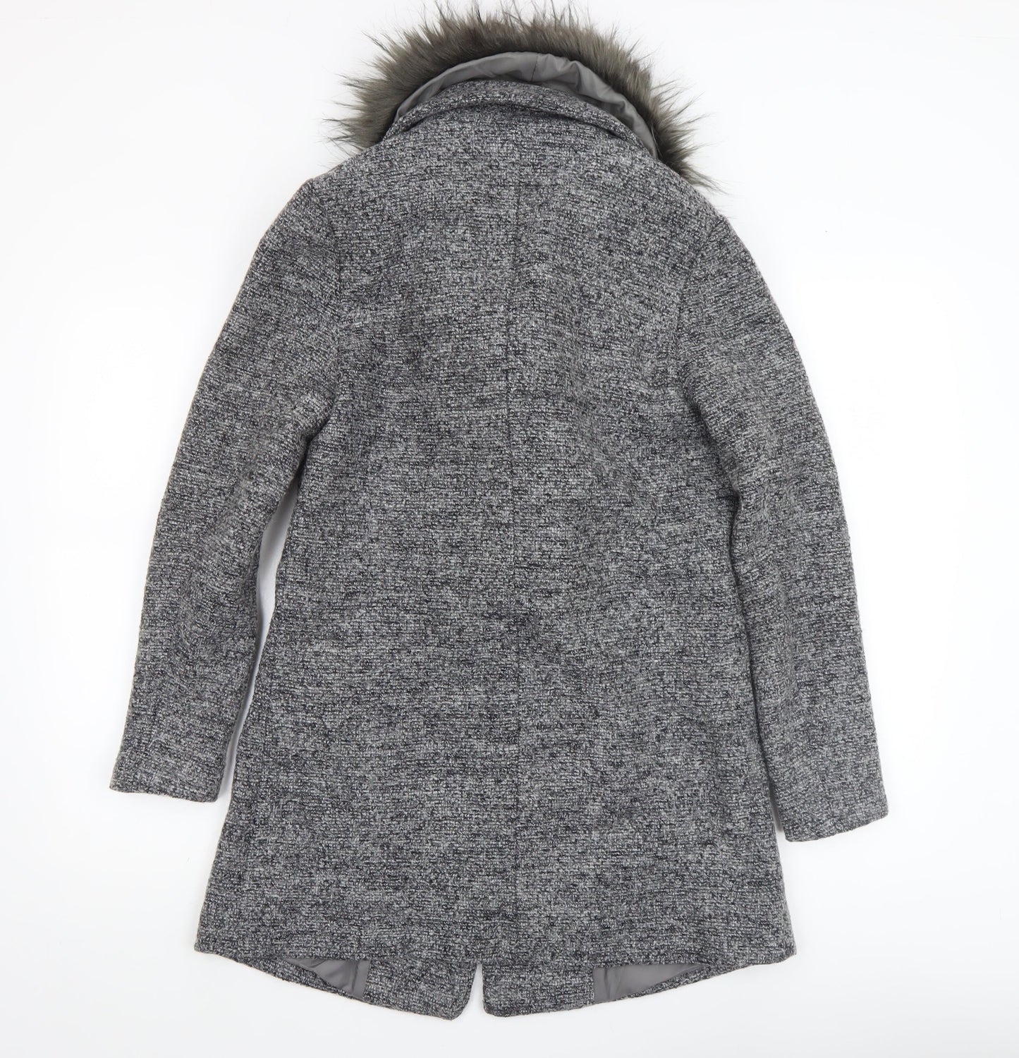 New Look Womens Grey Faux Fur Collar Wool Blend Mid-Length Overcoat Size 6