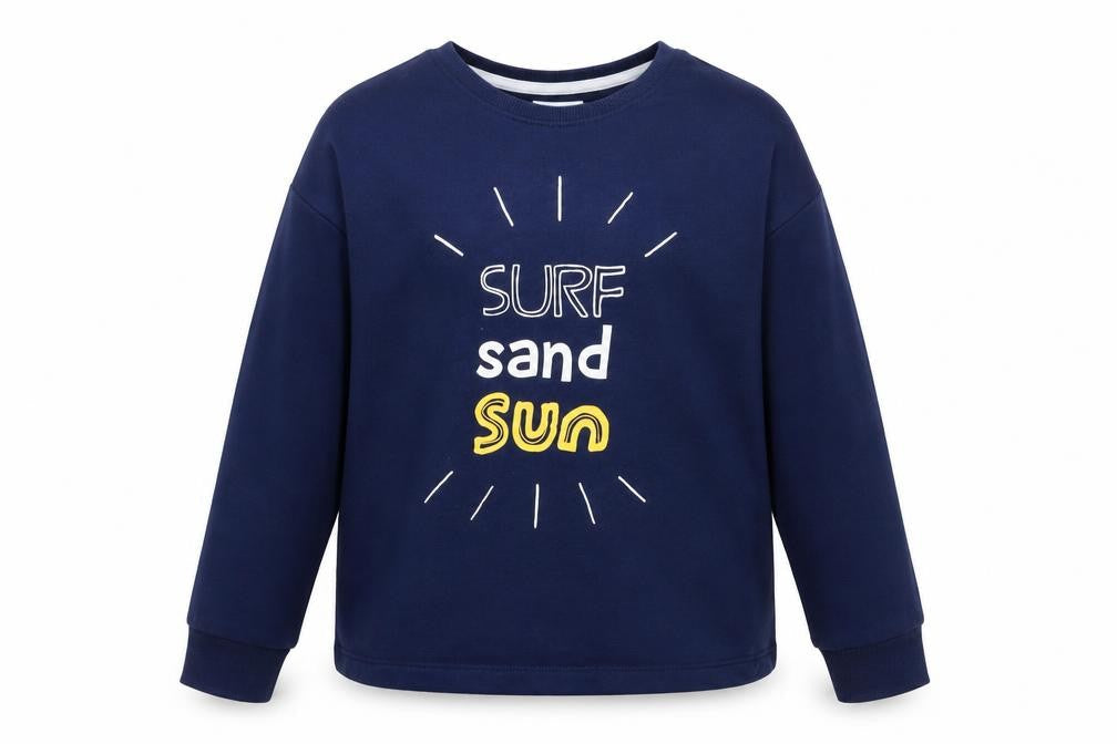 Front view of Leigh Tucker Willow girls’ blue 6-7 years pullover sweatshirt surf design