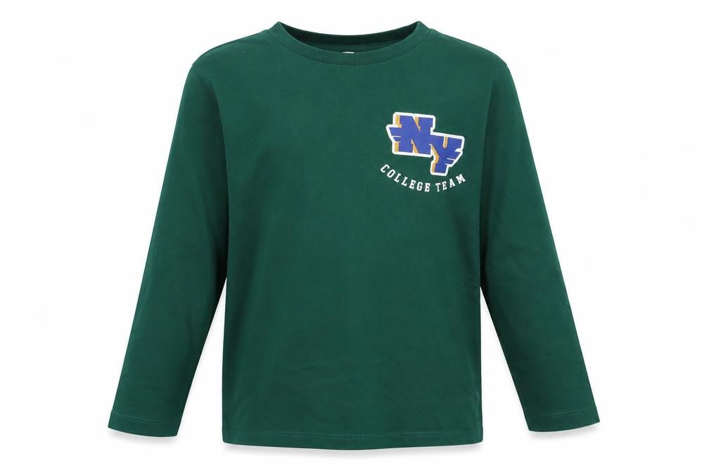 Front view of Dunnes boys’ green long sleeve college team cotton t-shirt 8-9 years