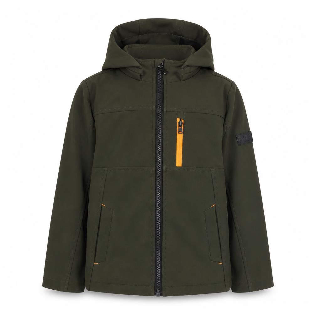 Front view of Michael Kors boys’ green hooded soft shell jacket age 8 full zip casual