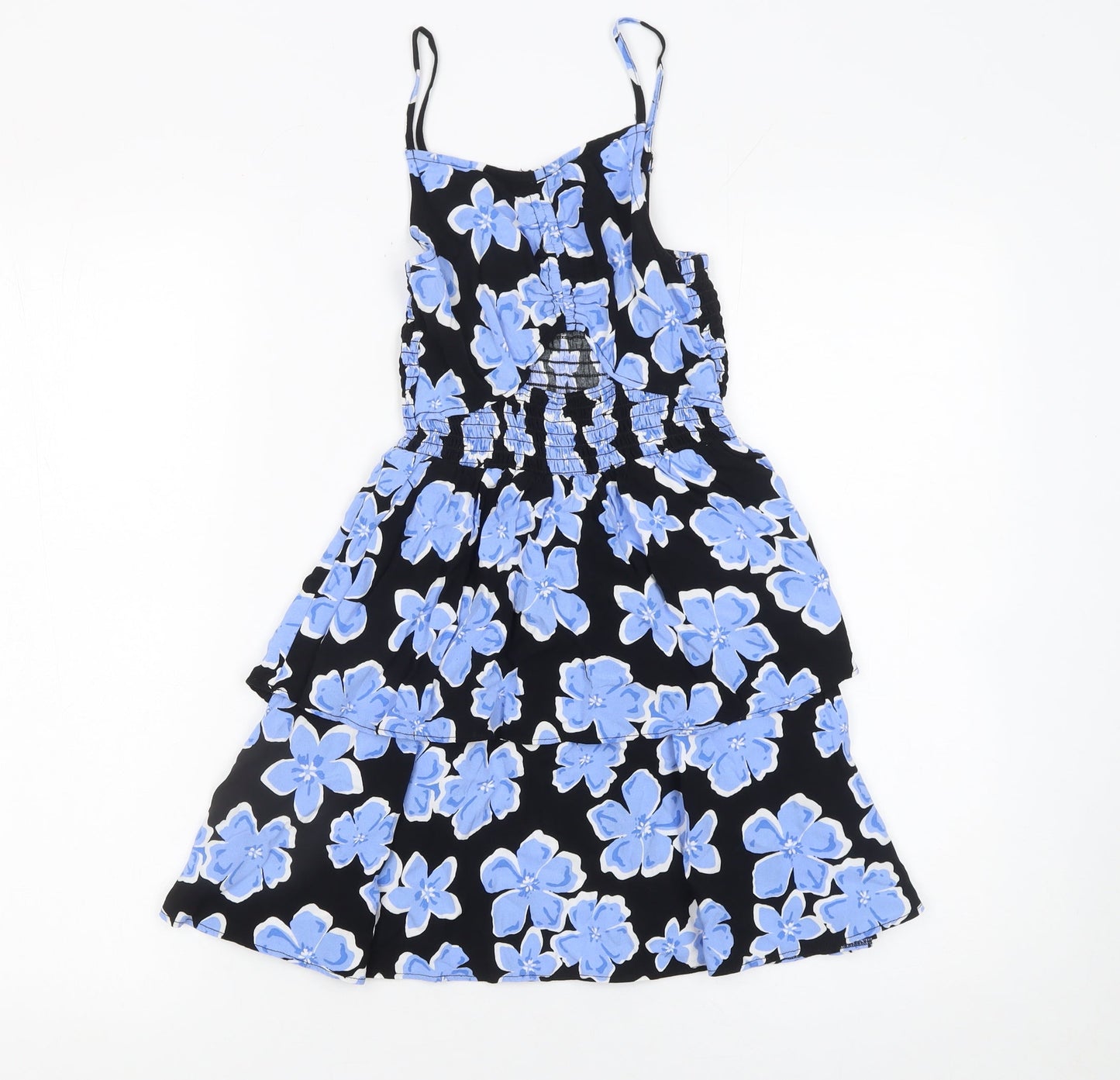 915 Girls Black Blue Floral Skater Dress Age 10 Viscose Summer Sleeveless