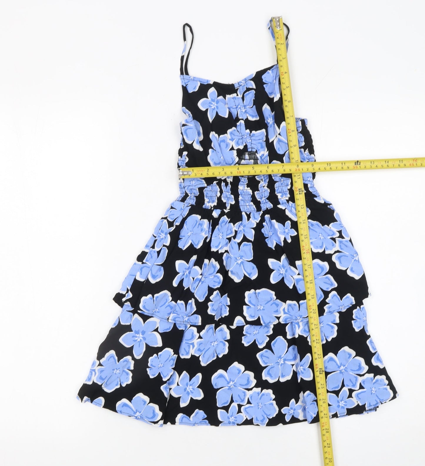 915 Girls Black Blue Floral Skater Dress Age 10 Viscose Summer Sleeveless