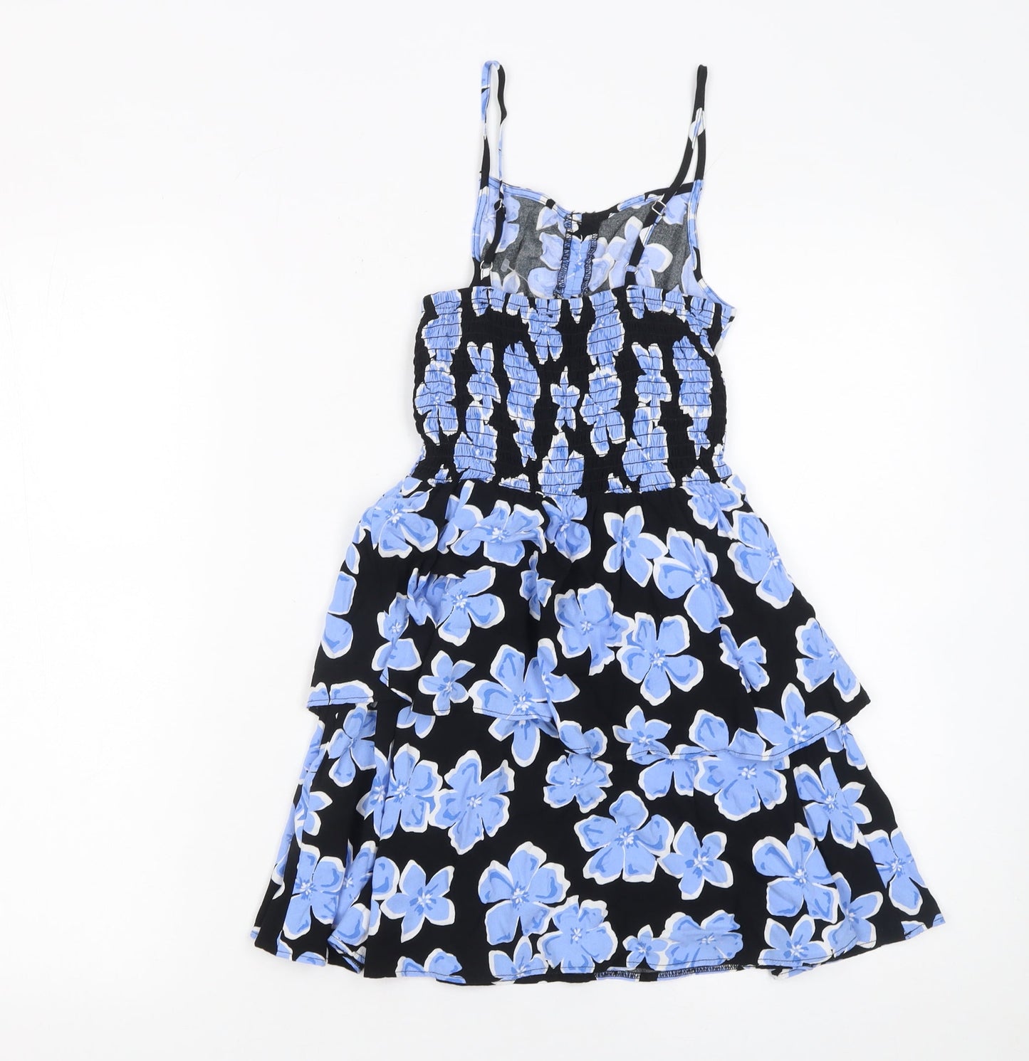915 Girls Black Blue Floral Skater Dress Age 10 Viscose Summer Sleeveless