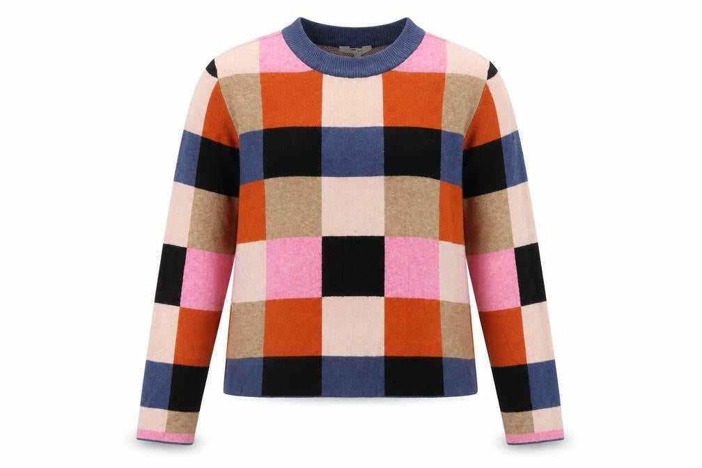 Front view of Object Women's Multicoloured Check Knit Jumper L Long Sleeve Pullover