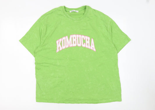 Pull&Bear Women's Green Kombucha Print T-Shirt Size S Casual