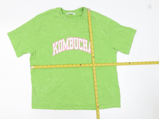 Pull&Bear Women's Green Kombucha Print T-Shirt Size S Casual