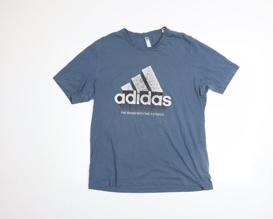 Adidas Mens Blue Crew Neck Graphic Print Cotton T-Shirt Size M