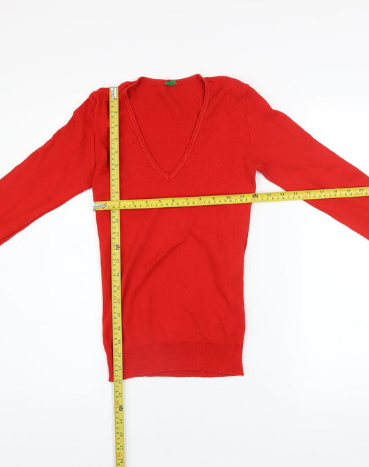 United Colors of Benetton Womens Red V-Neck Cotton Long Sleeve Top XS