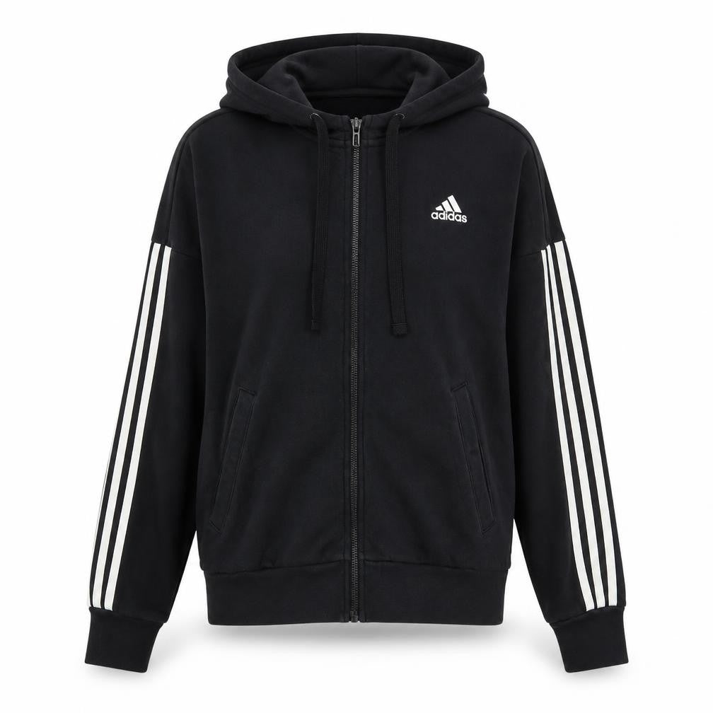 Front view of Adidas women’s black full zip hoodie, size S, hooded sweatshirt