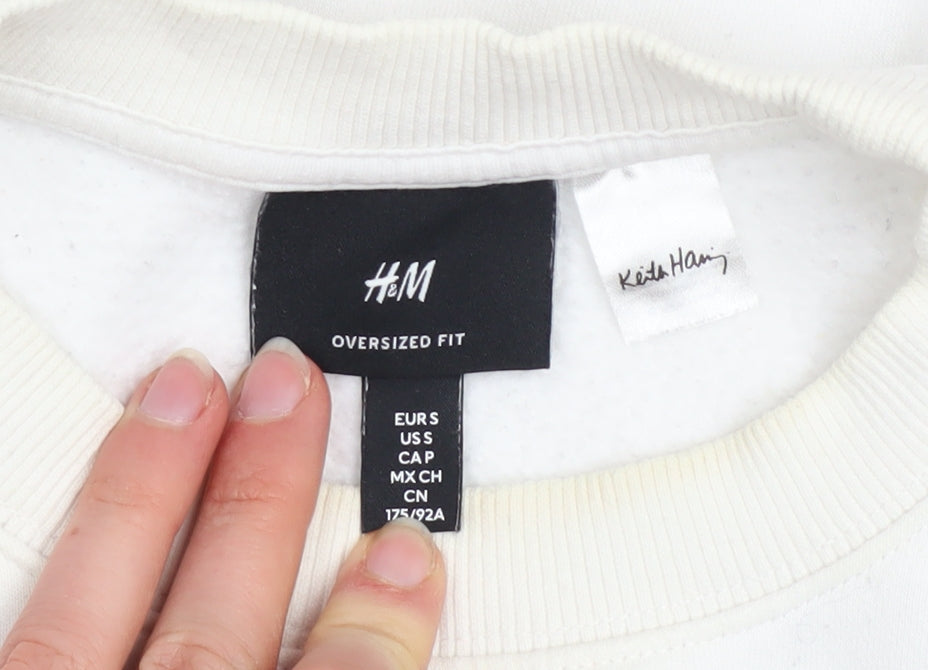 H&M Men’s White Keith Haring Pullover Sweatshirt Size S Oversized Fit