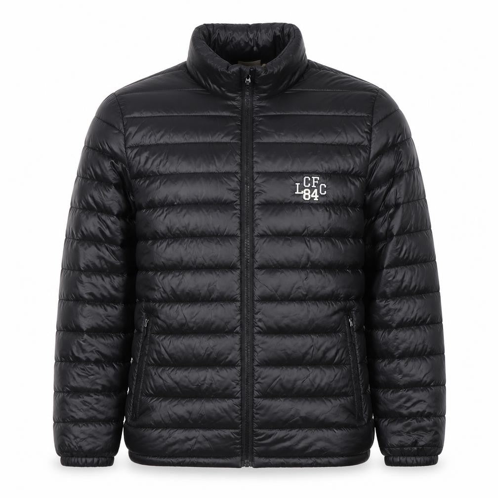 Front view of Leicester City FC Men's Black Puffer Jacket, size L, Nylon Polyester