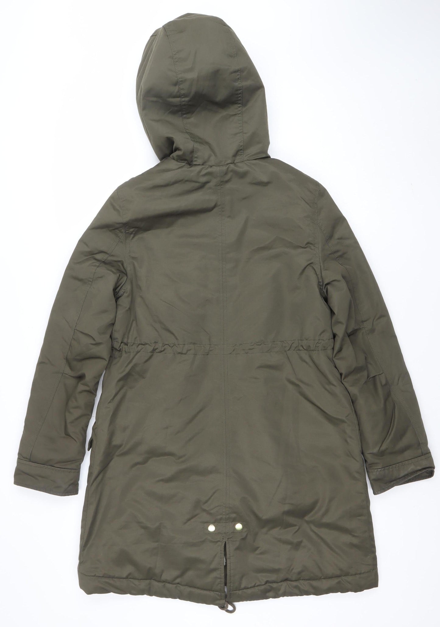 H&M Women's Green Hooded Parka Jacket XS Long Lined Drawstring