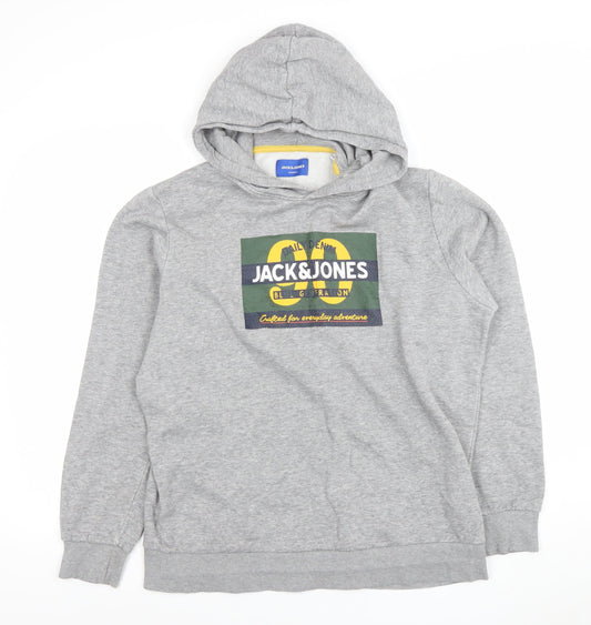 Jack & Jones Men's Grey Pullover Hoodie L Graphic Print Casual