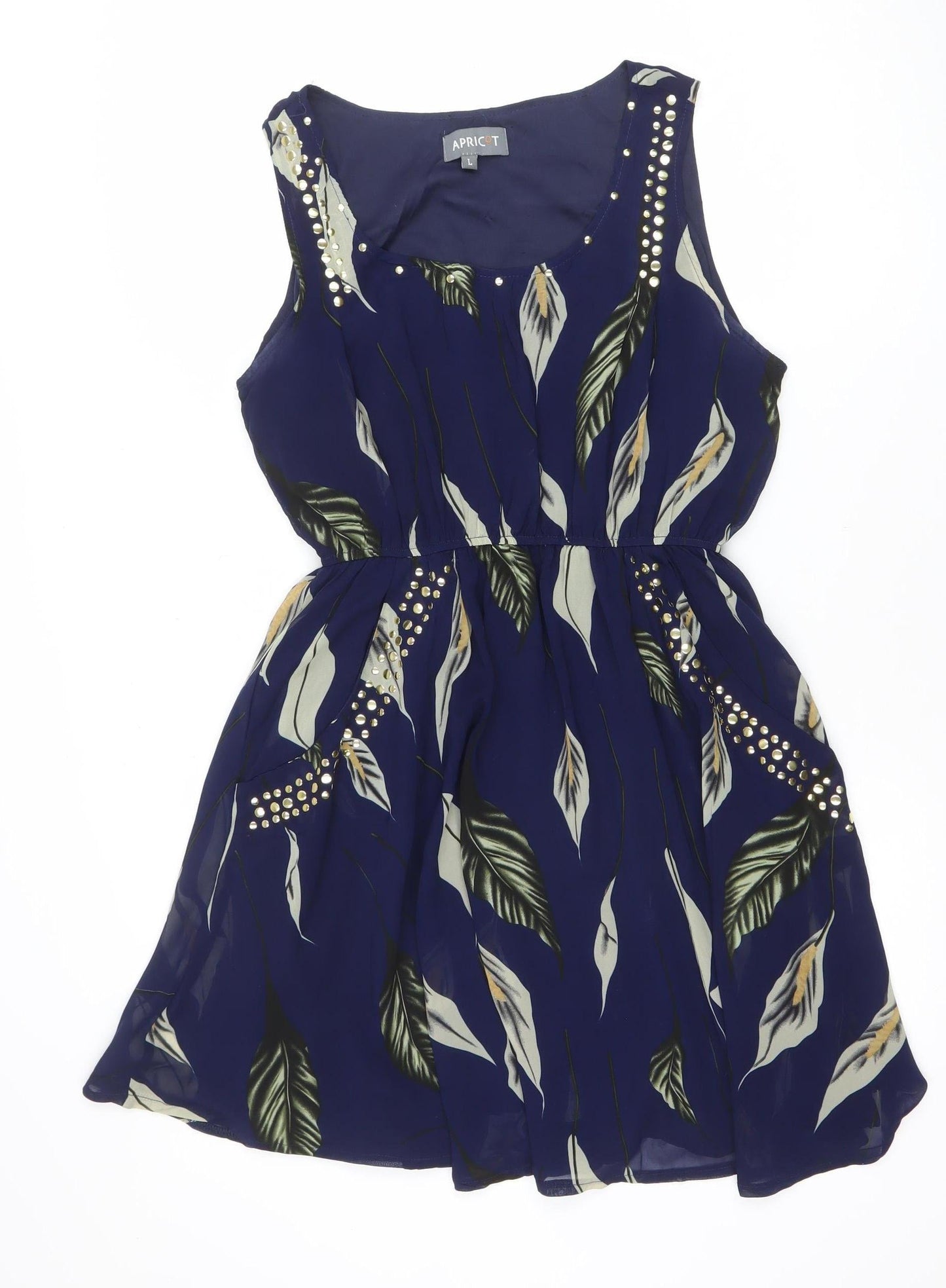 Apricot Womens Blue Floral Studded Sleeveless Fit & Flare Dress L