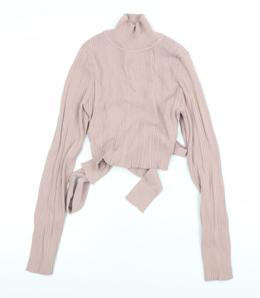Zara Women Beige Ribbed Cropped Roll Neck Tie Back Knit Top Size 12