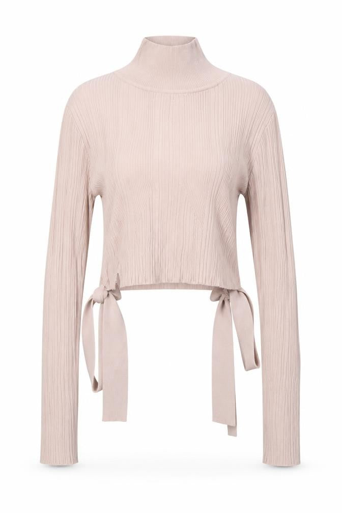 Zara Women Beige Ribbed Cropped Roll Neck Tie Back Knit Top Size 12