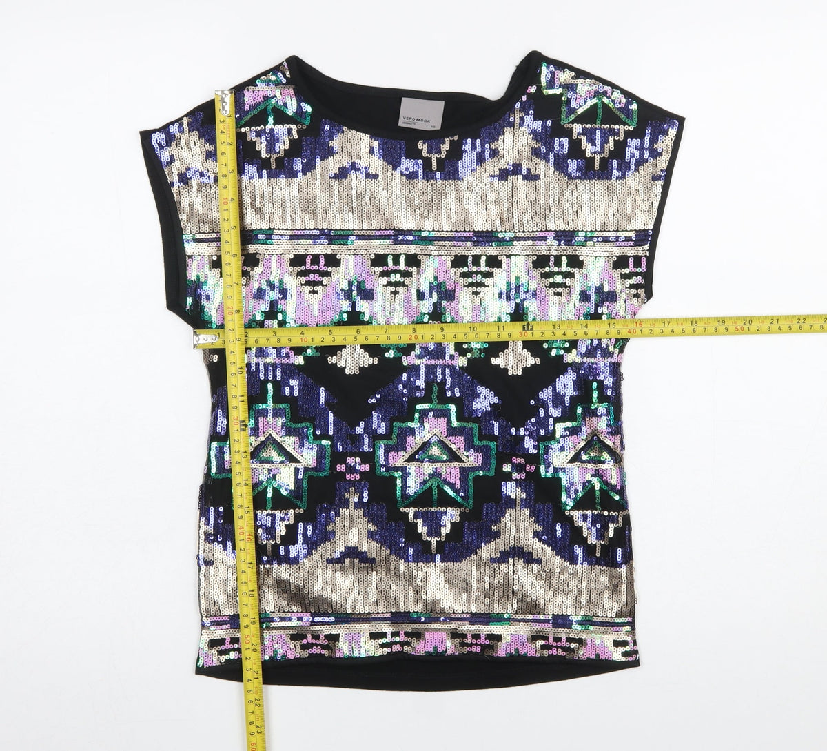Vero Moda Womens Black Sequin Aztec Short Sleeve Top XS