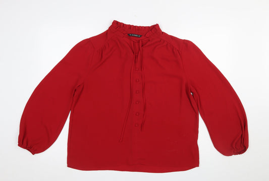 Dunnes Women Red Long Sleeve Ruffle Neck Button Blouse Size 14