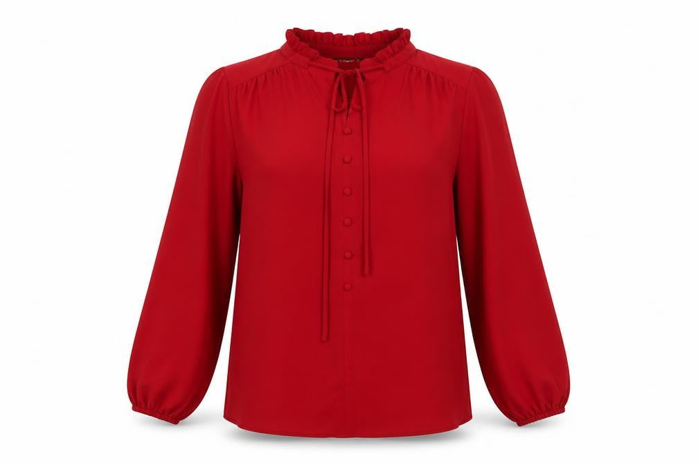 Dunnes Women Red Long Sleeve Ruffle Neck Button Blouse Size 14
