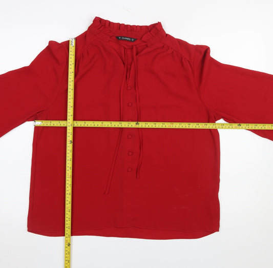 Dunnes Women Red Long Sleeve Ruffle Neck Button Blouse Size 14