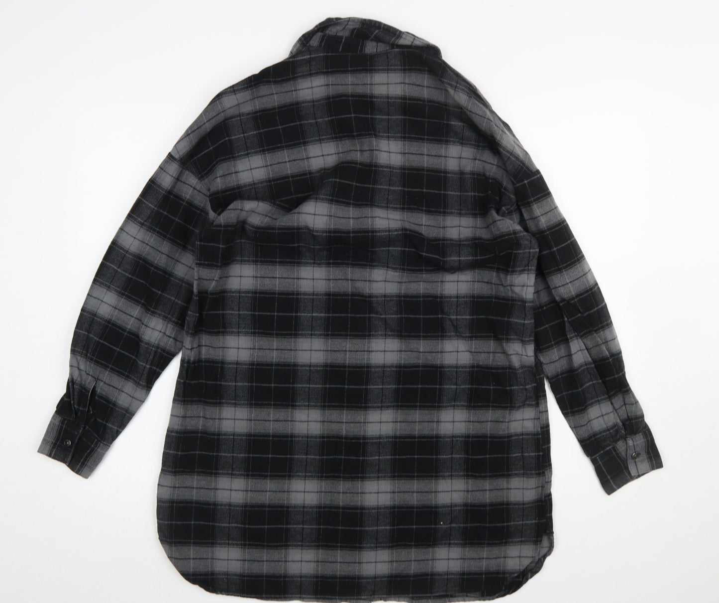 H&M Women Black Check Shirt Dress XS Flannel Cotton Long Sleeve Collared