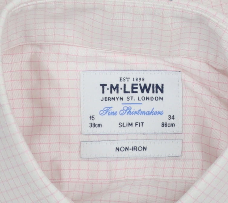 T.M. Lewin Men's Pink Check Slim Fit Non-Iron Dress Shirt 15in Collar
