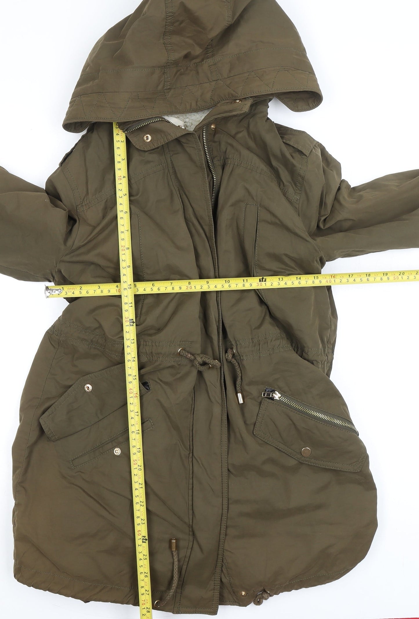 Mango Women’s Green Parka Coat Size 8 Hooded Drawstring Mid-Length