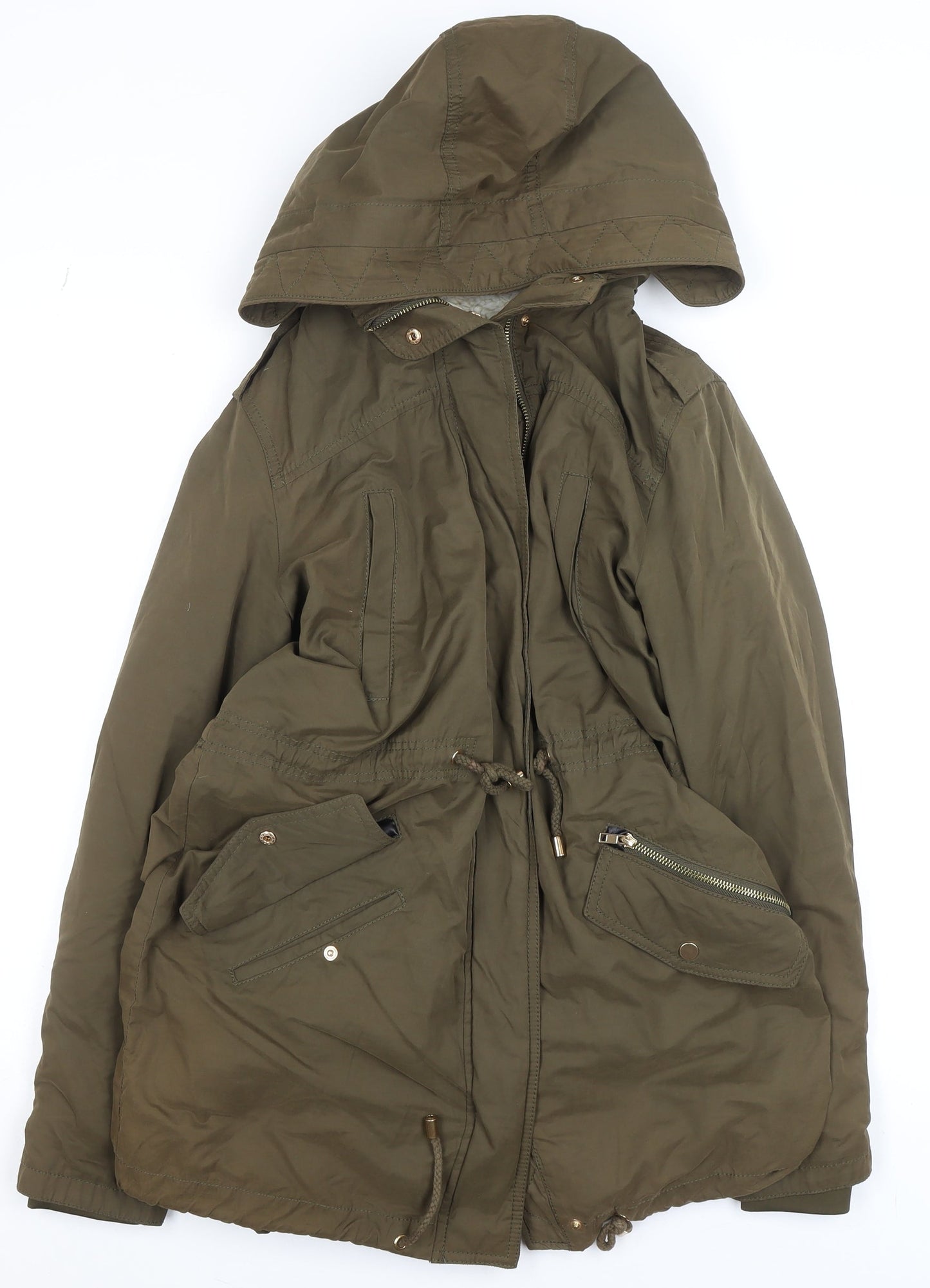 Mango Women’s Green Parka Coat Size 8 Hooded Drawstring Mid-Length