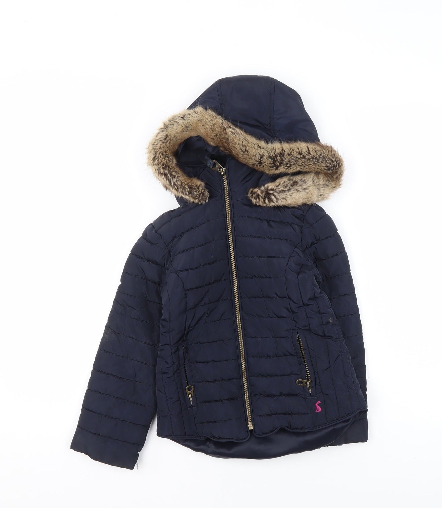 Joules Girls Blue Hooded Faux Fur Trim Puffer Jacket 6 Years