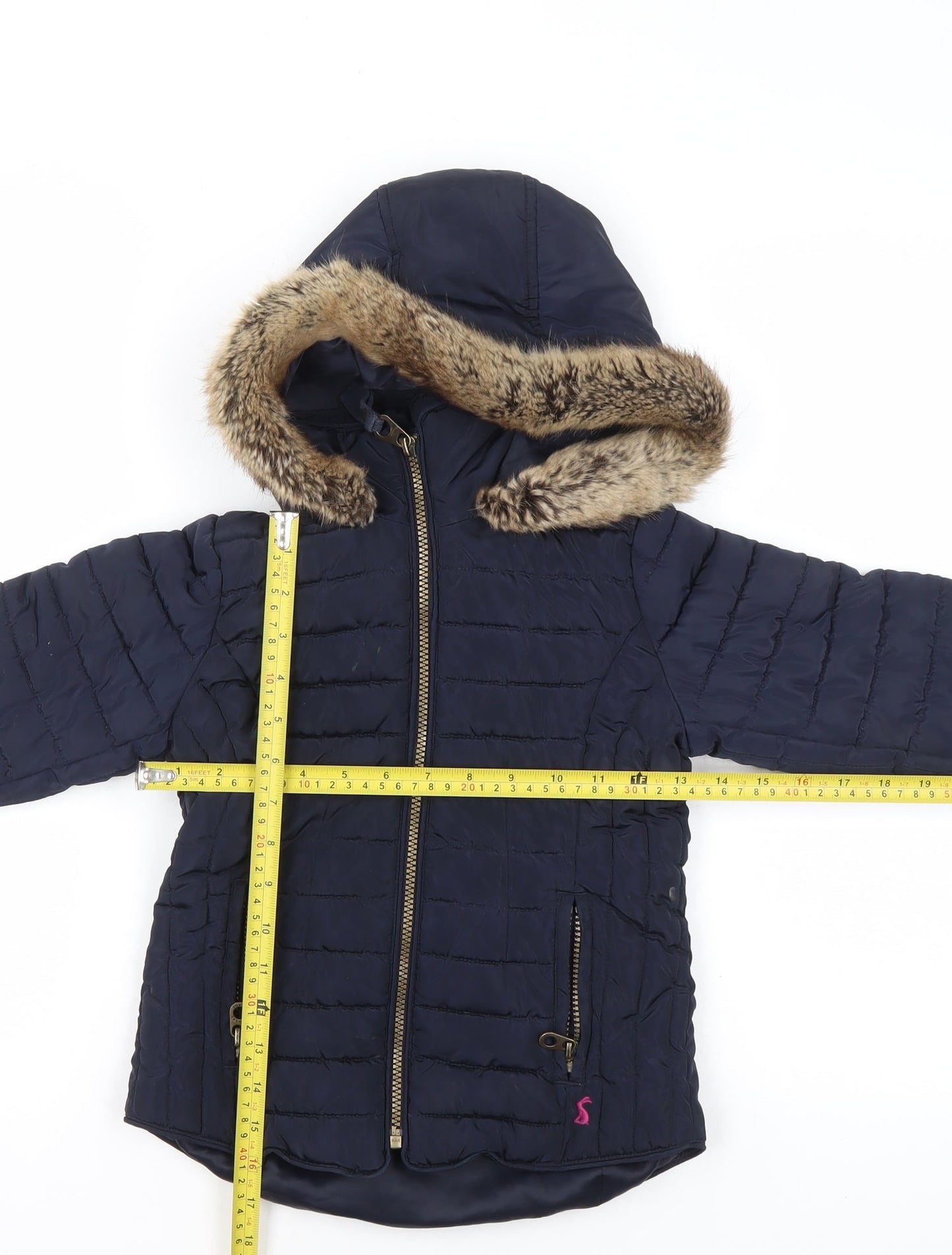 Joules Girls Blue Hooded Faux Fur Trim Puffer Jacket 6 Years
