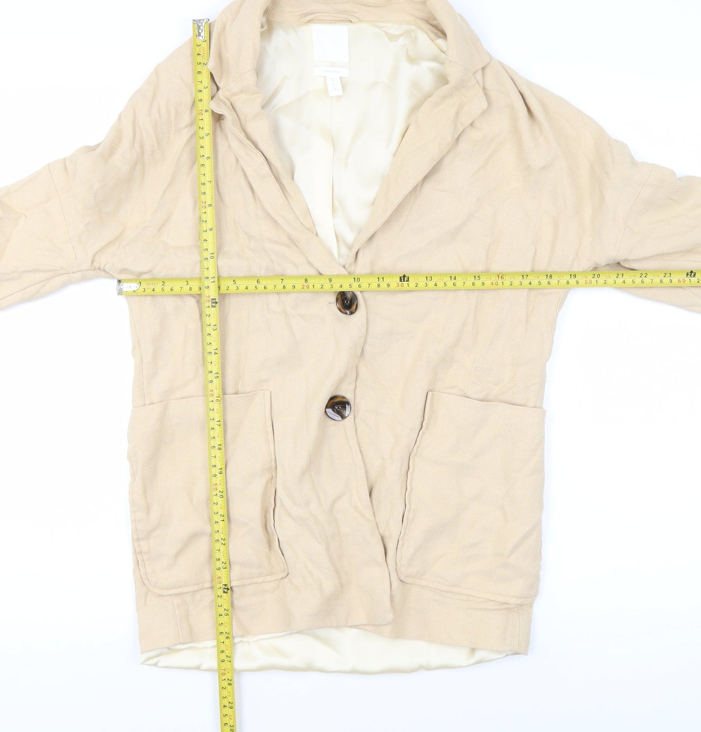 H&M Women Beige Linen Blend Single-Breasted Blazer XS Classic Fit