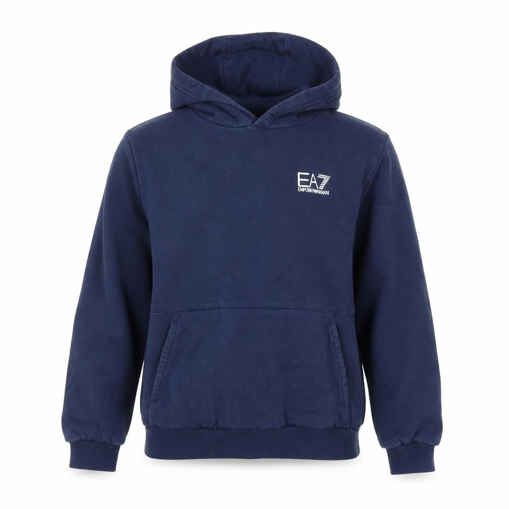 Front view of Emporio Armani EA7 boys’ navy blue pullover hoodie, size 14, years cotton blend