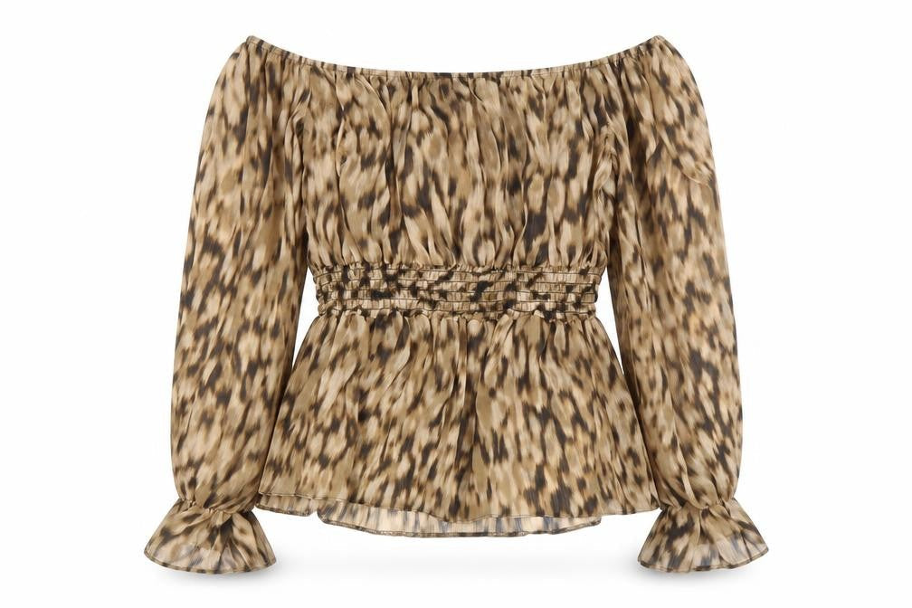 River Island Women’s Beige Animal Print Off-Shoulder Chiffon Blouse UK 10
