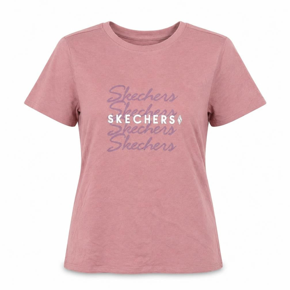 Front view of Skechers girls’ pink cotton blend logo t-shirt, size L, short sleeve casual
