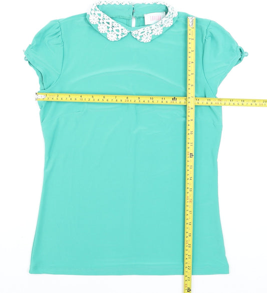 Savida Women Green Short Sleeve Crochet Collar Blouse Size M
