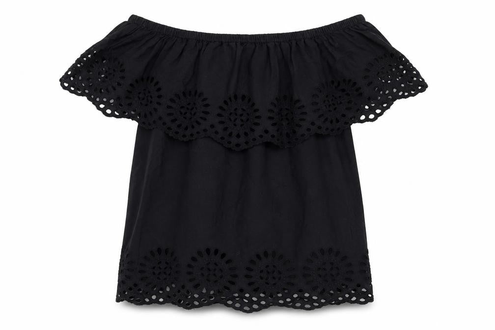 Vila Women's Black Off Shoulder Embroidered Cotton Tunic Blouse Size S