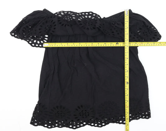 Vila Women's Black Off Shoulder Embroidered Cotton Tunic Blouse Size S