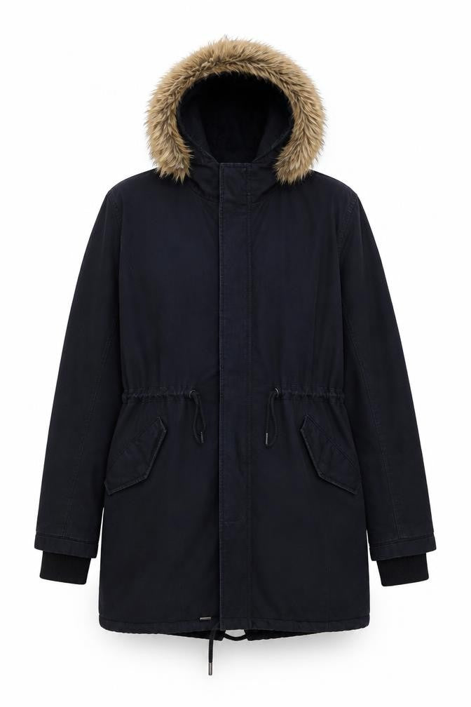 River Island Men's Black Parka Coat S Faux Fur Hooded Winter Jacket