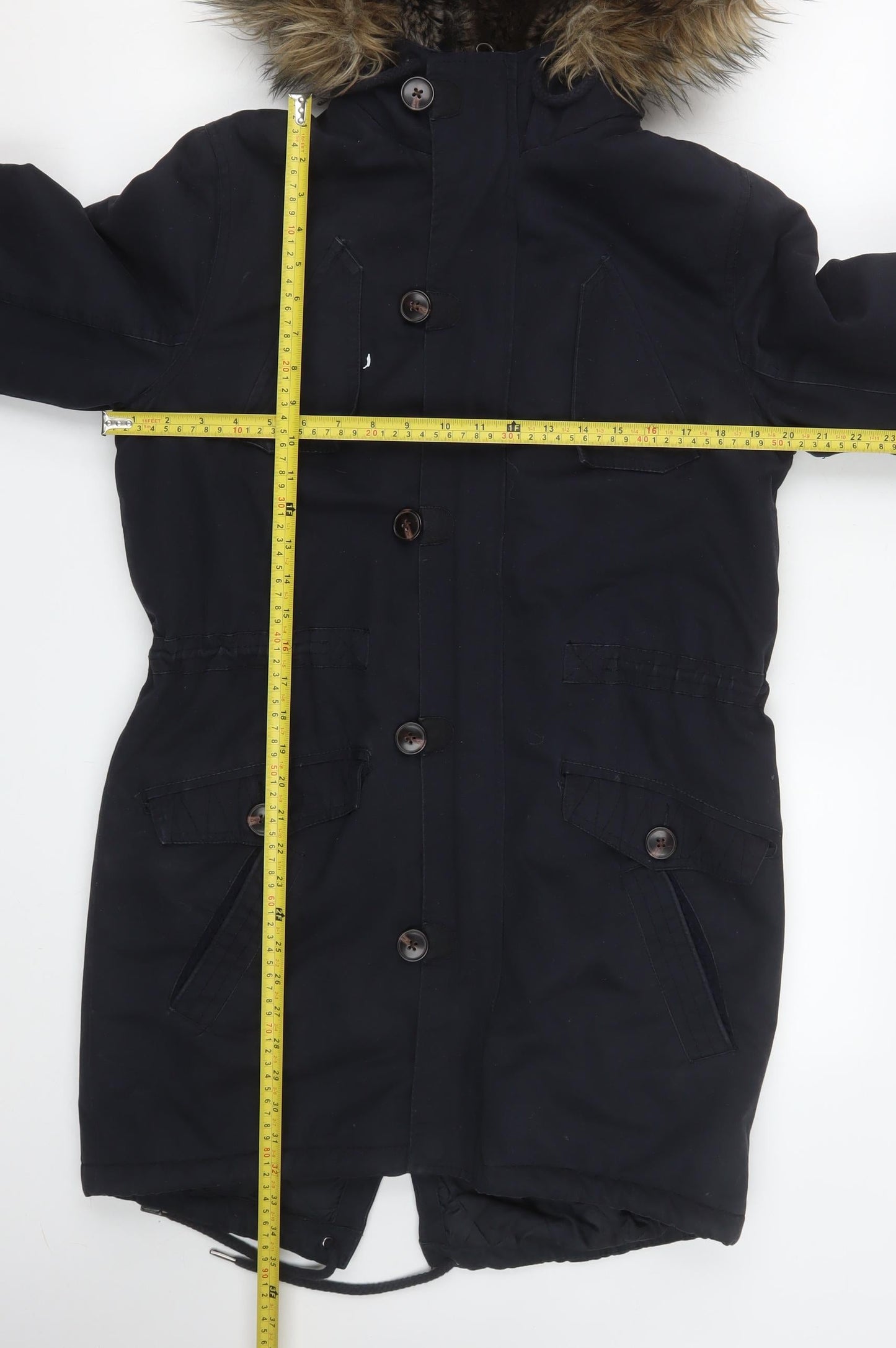 River Island Men's Black Parka Coat S Faux Fur Hooded Winter Jacket