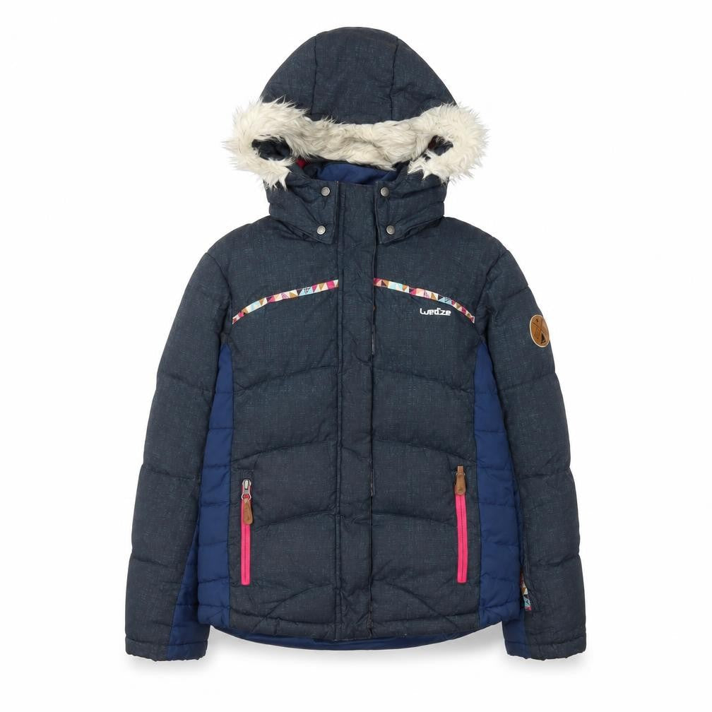 Front view of Wedze girls’ blue hooded puffer ski jacket 12 years winter insulated coat