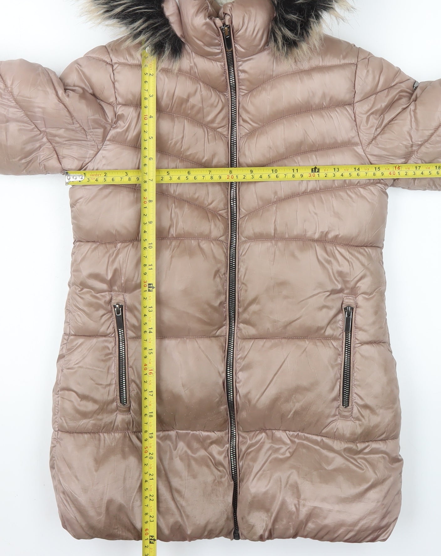 Next Girls Beige Hooded Long Puffer Coat 7 Years Faux Fur Trim Winter Jacket