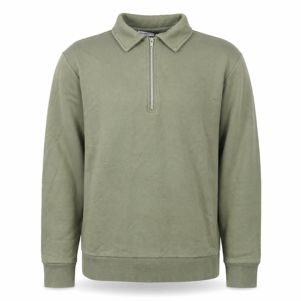 Front view of ASOS DESIGN Men's Green 1/4 Zip Collared Sweatshirt, size M