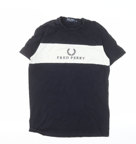 Fred Perry Men's Blue Colourblock Logo Crew Neck Cotton T-Shirt S