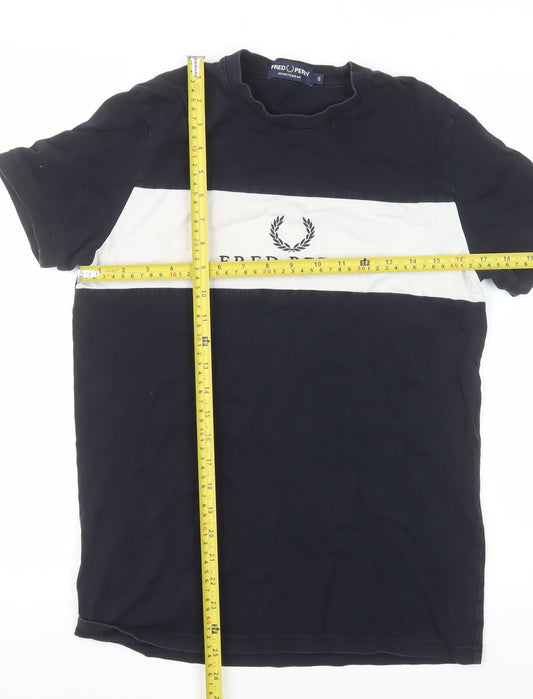 Fred Perry Men's Blue Colourblock Logo Crew Neck Cotton T-Shirt S