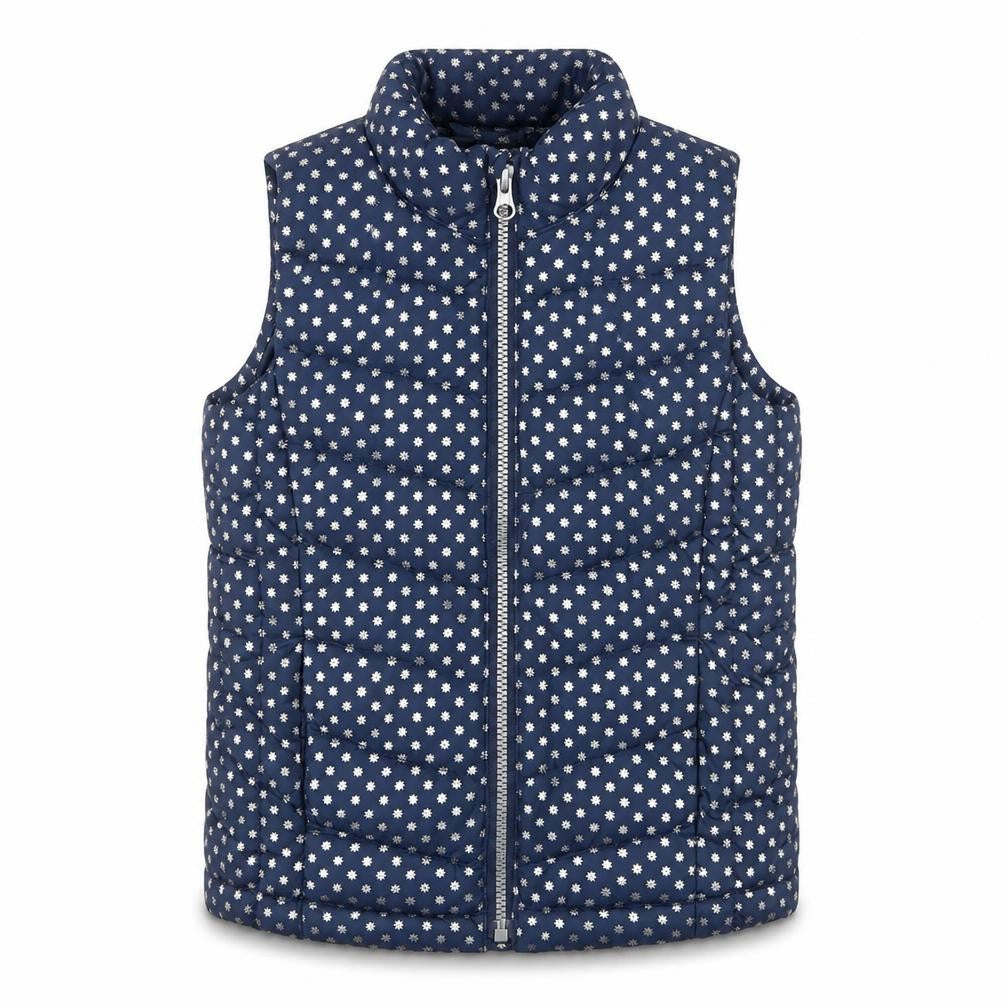 Front view of Gap Kids girls’ blue floral puffer gilet waistcoat 6-7 years