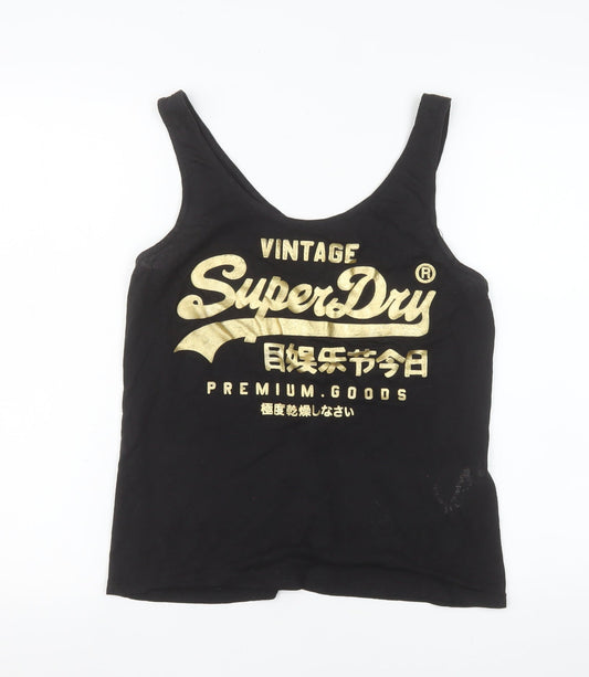 Superdry Women's Black Tank Top Size 8 Vintage Logo Cotton Vest