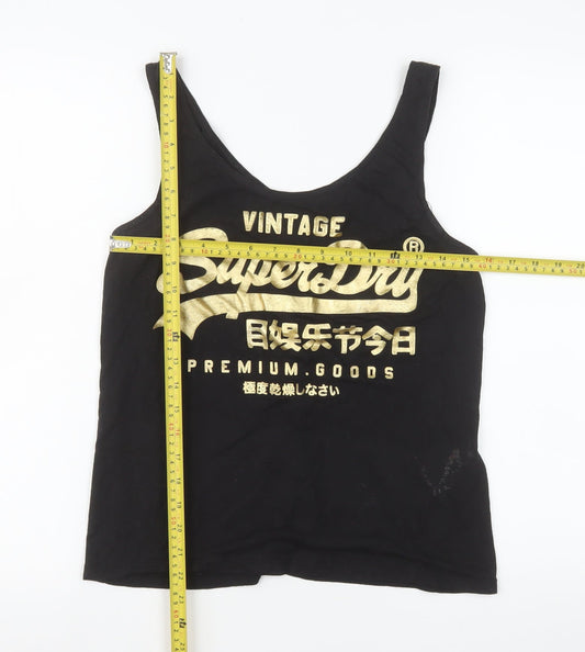 Superdry Women's Black Tank Top Size 8 Vintage Logo Cotton Vest