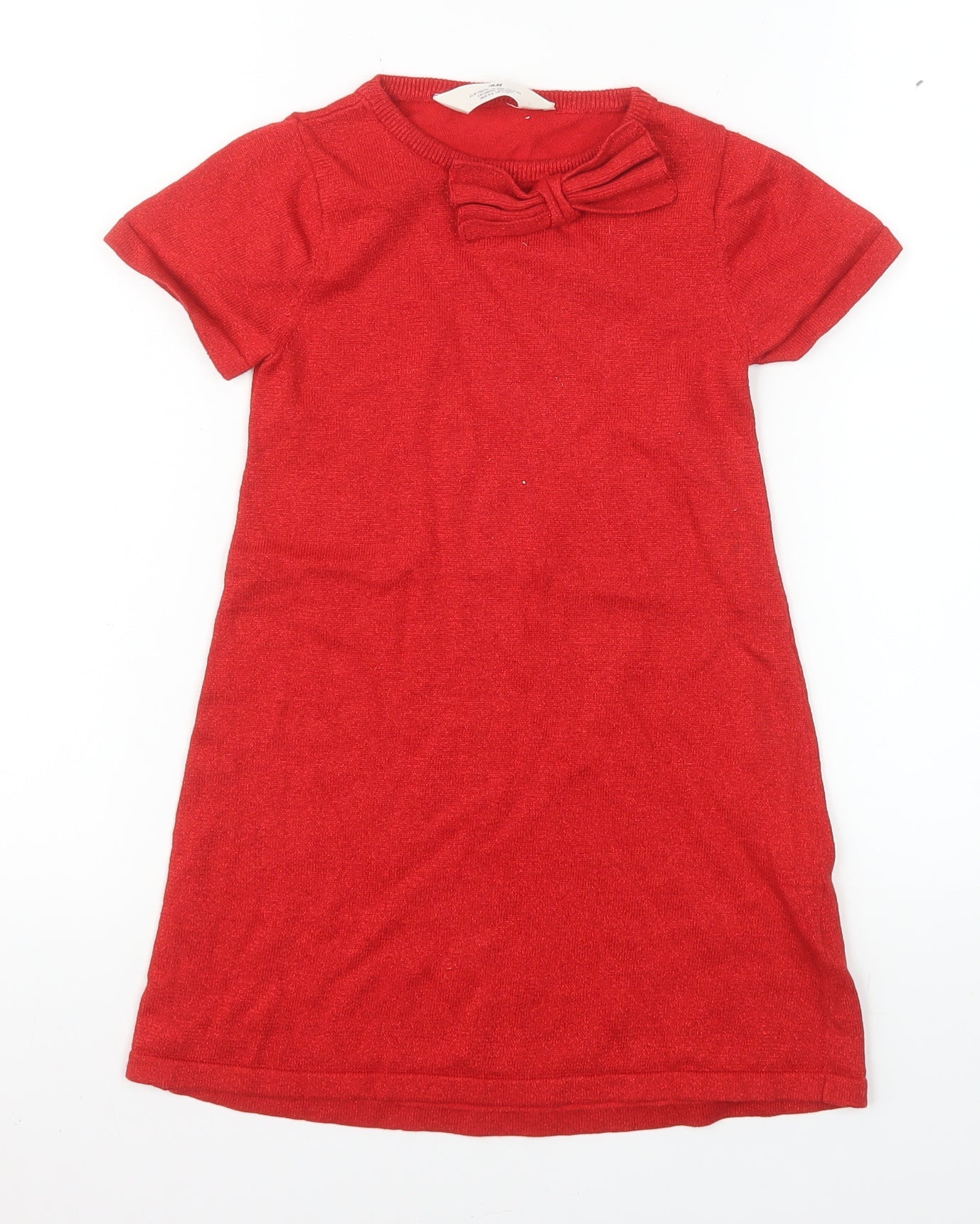H&M Girls Red Bow Knit Shift Dress 5-6 Years Short Sleeve Cotton Blend