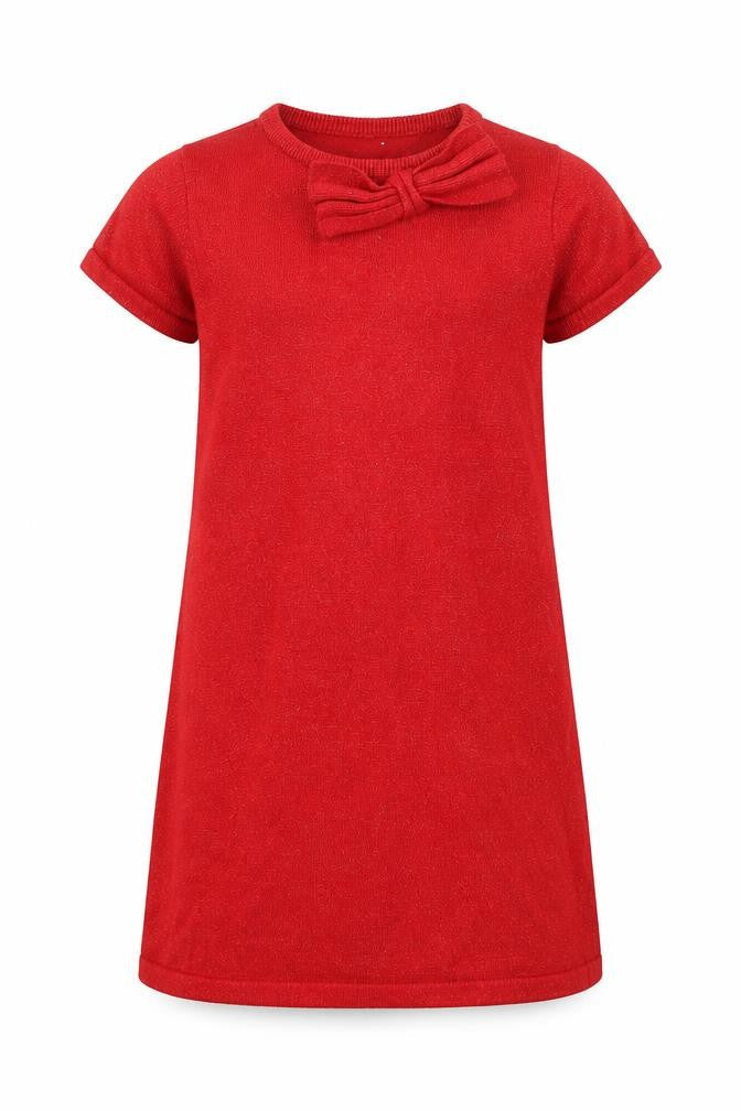 H&M Girls Red Bow Knit Shift Dress 5-6 Years Short Sleeve Cotton Blend